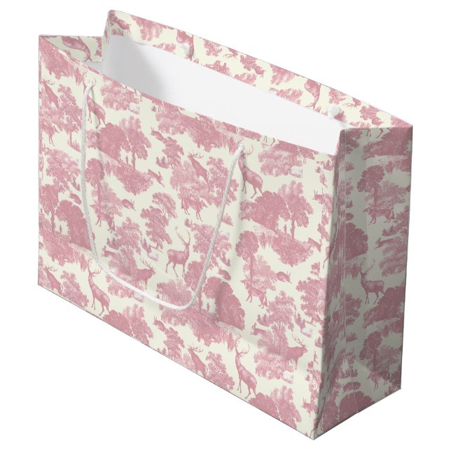Elegant Chic Light Pink Toile Deer Woodland Large Gift Bag (Front Angled)