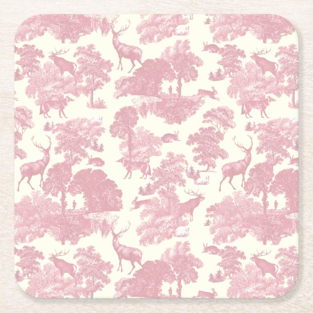 Elegant Chic Light Pink Toile Deer Woodland Square Paper Coaster (Front)