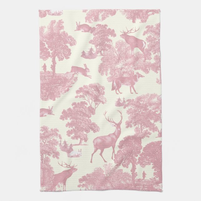 Elegant Chic Light Pink Toile Deer Woodland Tea Towel (Vertical)