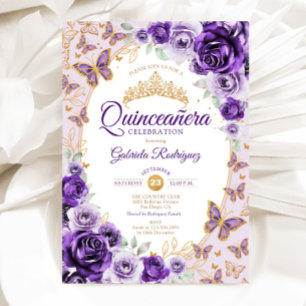 Elegant Chic Lilac Purple Gold Floral Quinceanera Invitation