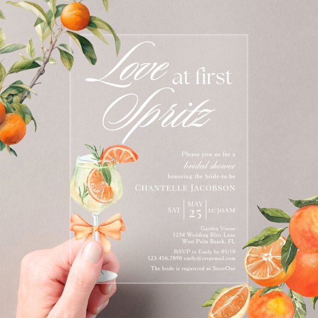 Elegant Chic Love At First Spritz Bridal Shower  Acrylic Invitations (Creator Uploaded)