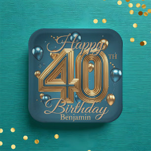 Elegant Chic Luxurious Blue and Gold 40th Birthday Paper Plate