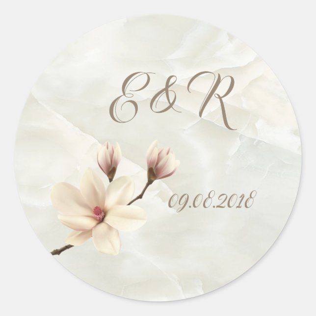 Elegant Chic Magnolia, Marble  Wedding Classic Round Sticker (Front)