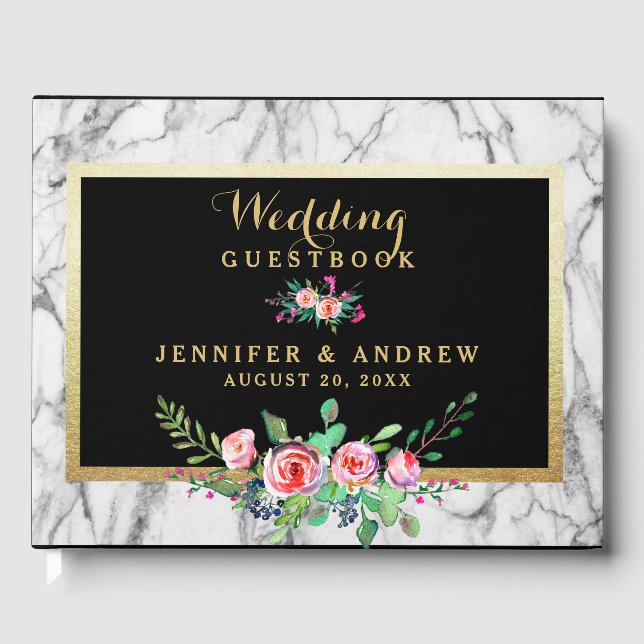 Elegant Chic Marble Black Gold Pink Floral Wedding Guest Book (Front)