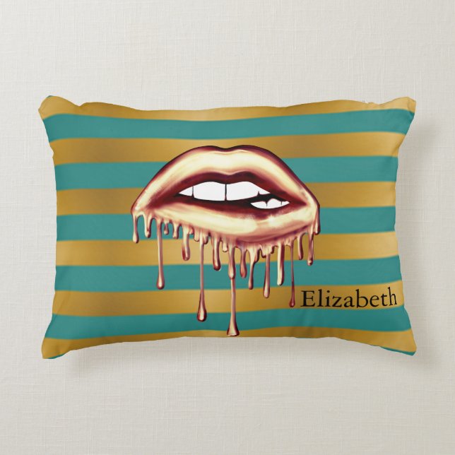 Elegant Chic Metallic Dripping Lips On Stripes Decorative Cushion (Front)