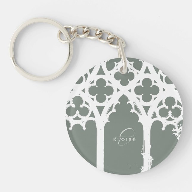 Elegant Chic Minimal Gothic Typography Sage Green Key Ring (Front)