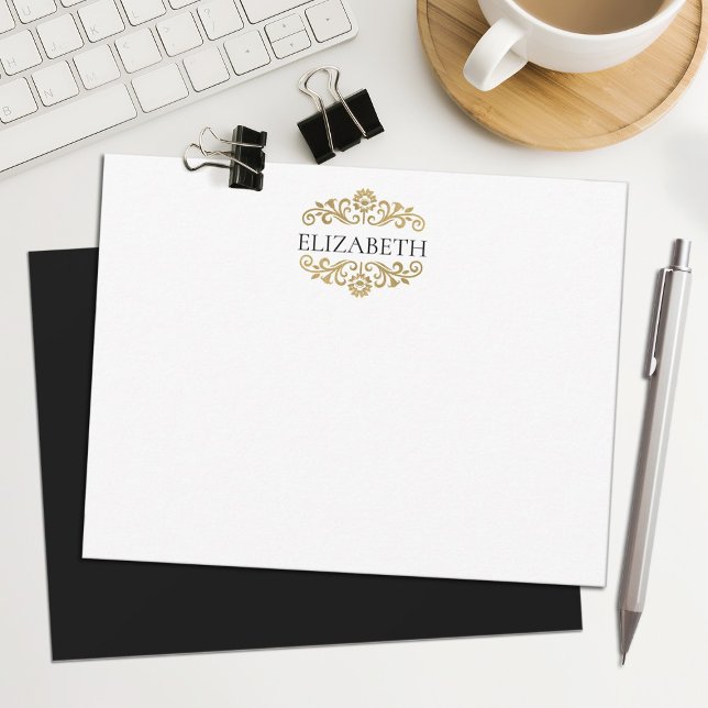 Elegant Chic Modern Monogram Black Gold  Card (An elegant gold and black monogram stationery notecard. Personalize it with your name.)