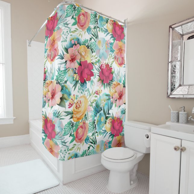 Elegant Chic Modern Tropical Watercolor Floral Shower Curtain (In Situ)