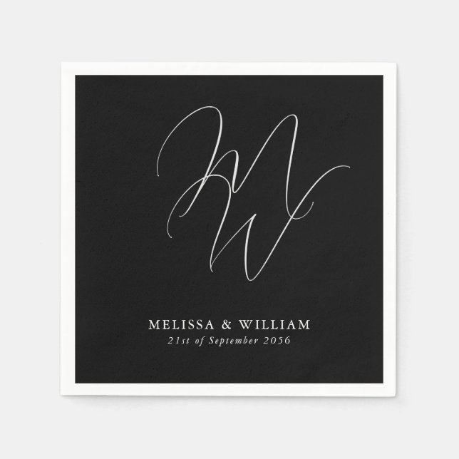 Elegant Chic Monogram Modern Black Wedding Napkin (Front)