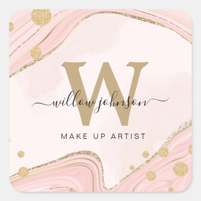 Elegant Chic Monogram Pink Gold Glitter Marble Square Sticker (Front)