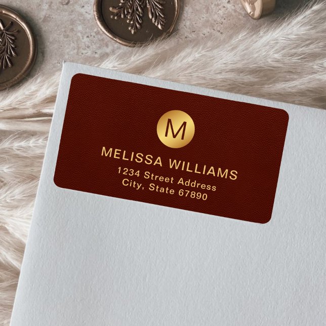Elegant Chic Monogram Red Texture & Gold Address Label (Creator Uploaded)