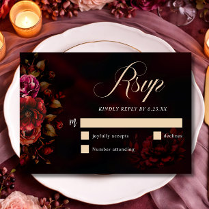 Elegant chic moody red black floral Wedding RSVP Card