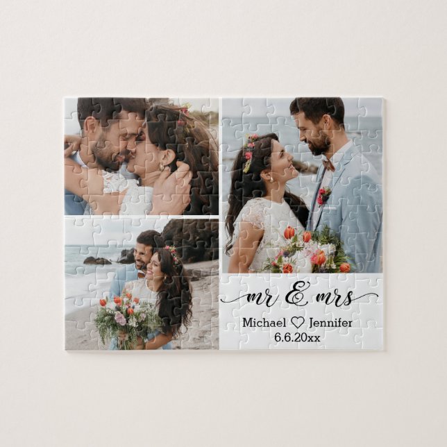 elegant chic mr & mrs wedding 3 photo collage   jigsaw puzzle (Horizontal)