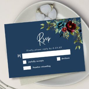 Elegant chic Navy blue burgundy floral wedding RSVP Card