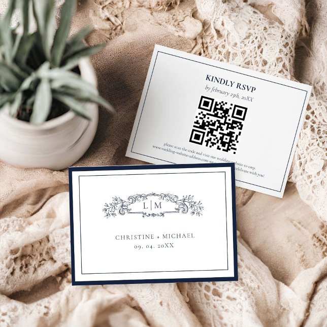 Elegant & Chic Navy Blue Crest Monogram wedding RSVP Card (Creator Uploaded)