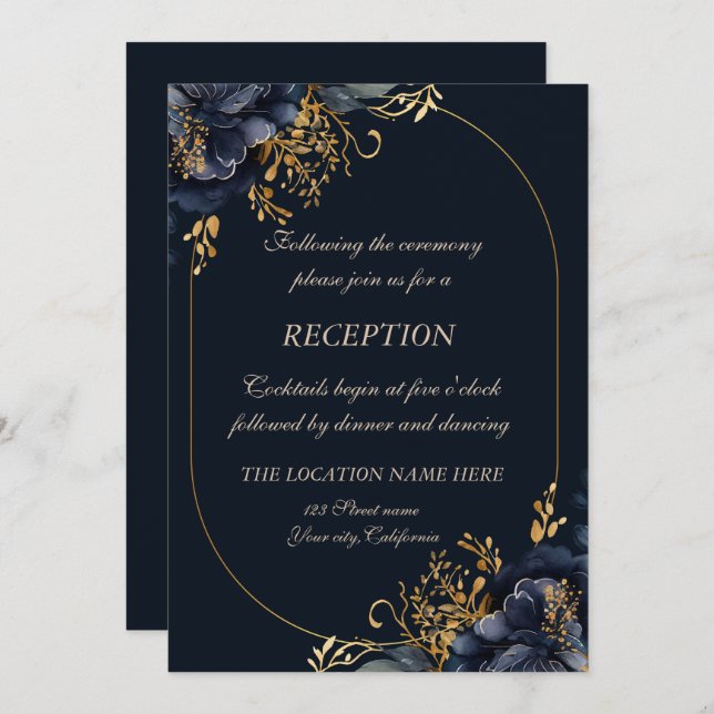 Elegant Chic Navy Blue Flowers Invitation (Front/Back)