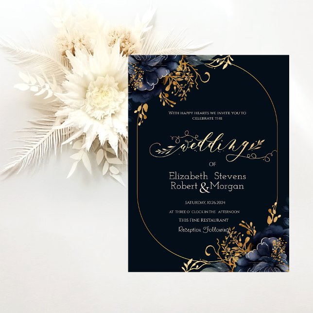 Elegant Chic Navy Blue Flowers Wedding  Invitation (Creator Uploaded)