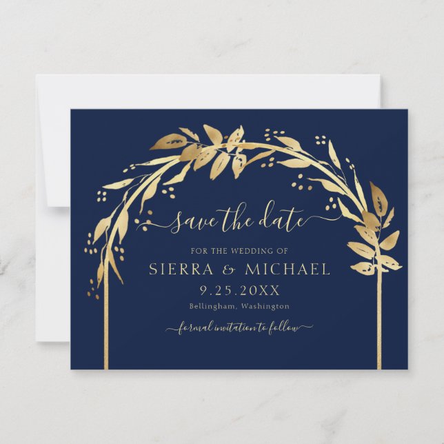 Elegant Chic Navy Blue Gold Foliage Arch Wedding Save The Date (Front)