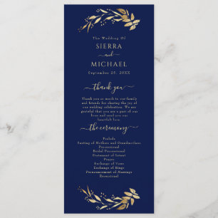 Elegant Chic Navy Blue Gold Foliage Wedding Programme
