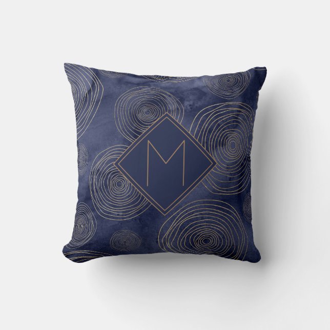 Elegant Chic Navy Blue Gold Watercolor Monogram Cushion (Front)
