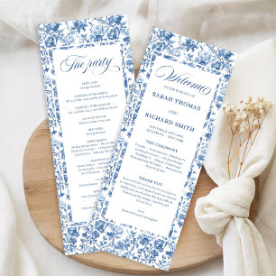 Elegant Chic Navy Blue Toile de Jouy Roses Wedding Programme