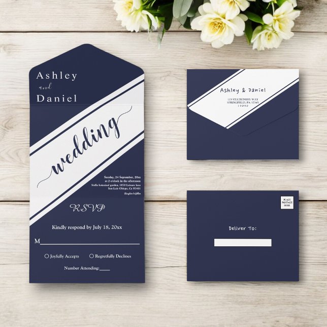 Elegant Chic Navy Blue White Luxury Modern Wedding All In One Invitation (Creator Uploaded)