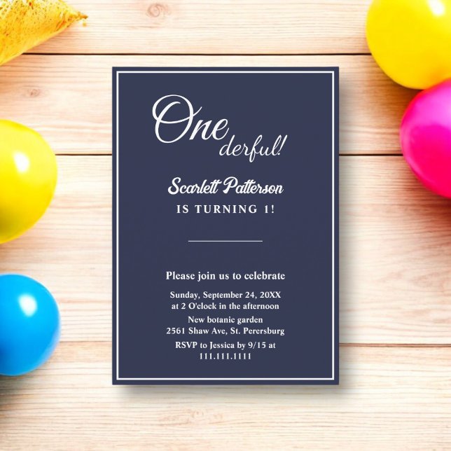 Elegant Chic Navy Blue White Minimal 1st Birthday Invitation (Creator Uploaded)