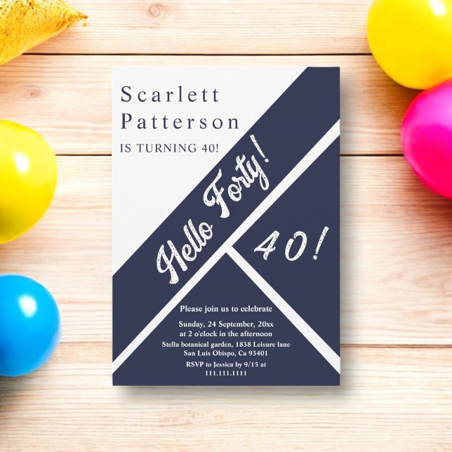 Elegant Chic Navy Blue White Modern 40th Birthday Invitation (Creator Uploaded)