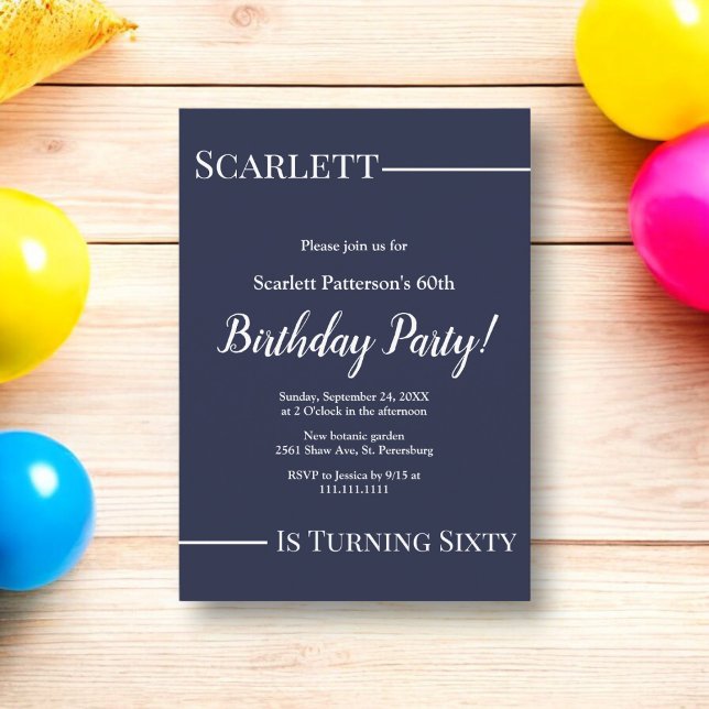 Elegant Chic Navy Blue White Simple 60th Birthday Invitation (Creator Uploaded)