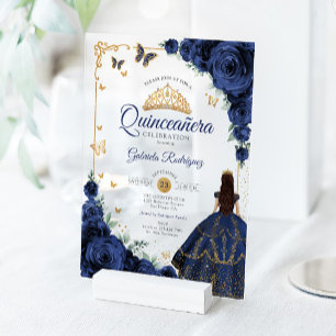 Elegant Chic Navy Roses Gold Quinceanera  Acrylic Invitations