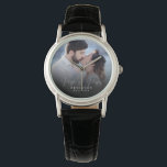Elegant Chic NewlyWed Wedding Photo Anniversary Watch<br><div class="desc">This elegant script photo watch will be a beautiful keepsake of your wedding day! The unique calligraphy reads 'Mr and Mrs' alongside your custom family name and date. Add your wedding photo and make this into a perfect gift for the newlywed bride,  an anniversary,  or vow renewal!</div>