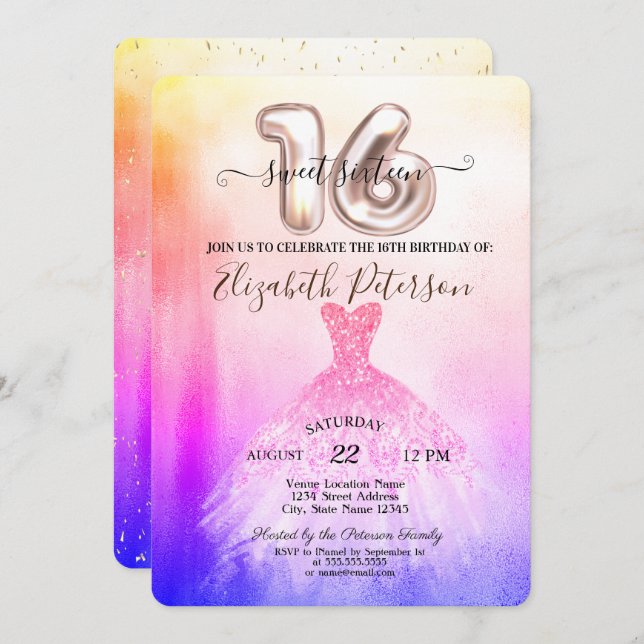 Elegant Chic Ombre Dress Confetti Sweet 16  Invitation (Front/Back)