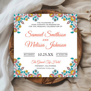 Elegant Chic Orange Teal Floral Wedding Invitation