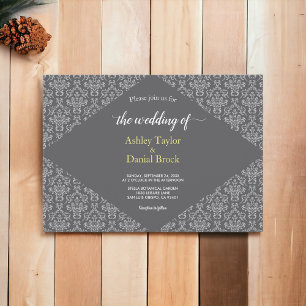 Elegant Chic Ornate Damask Grey Formal Wedding Invitation