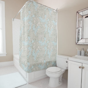 Elegant Chic Pale Blue Sage Roses & Dahlia Pattern Shower Curtain