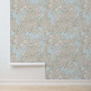 Elegant Chic Pale Blue Sage Roses & Dahlia Pattern Wallpaper