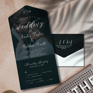 Elegant Chic Photo Black and White RSVP Wedding All In One Invitation
