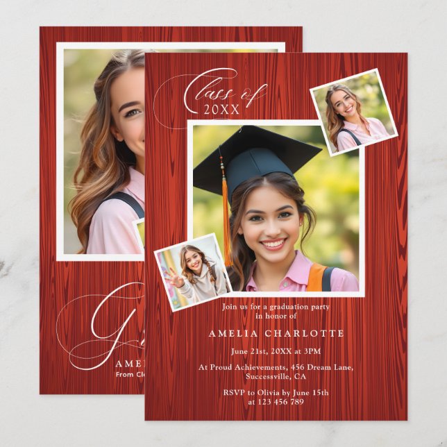 Elegant Chic Photo Collage Rustic Graduation Invitation (Front/Back)