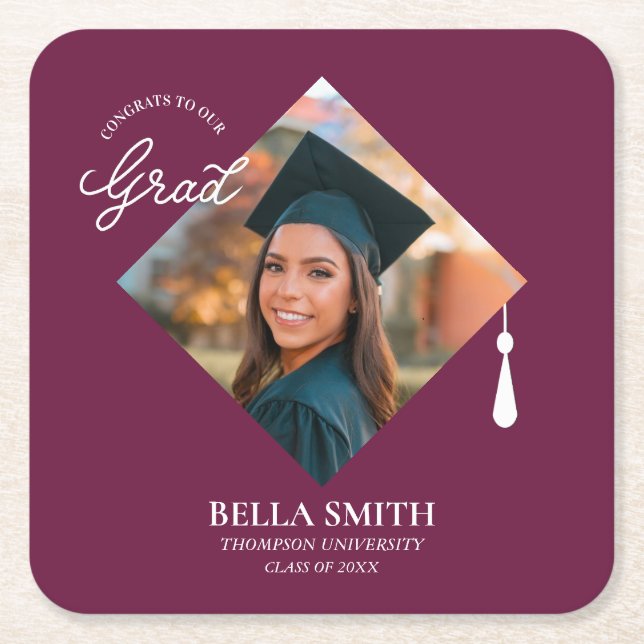 Elegant Chic Photo Script Graduation Party Custom  Square Paper Coaster (Front)