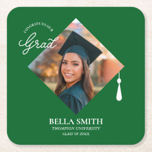 Elegant Chic Photo Script Graduation Party Custom Square Paper Coaster
