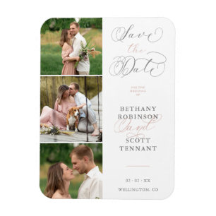 Elegant Chic Pink 3 Photos Sophisticated Wedding Magnet