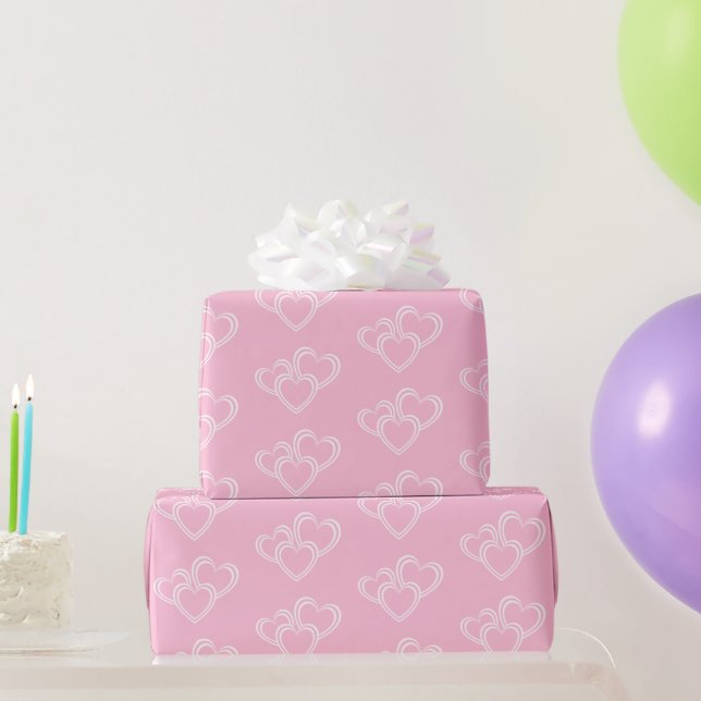 Elegant, Chic Pink and White Three Hearts Pattern  Wrapping Paper (Party Gifts)