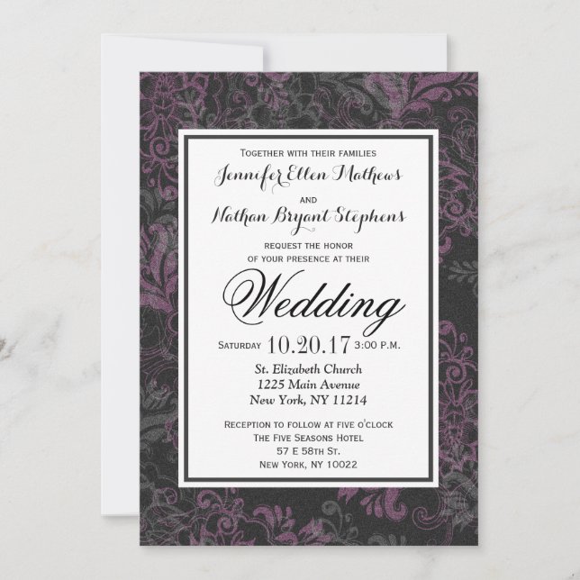 Elegant Chic Pink, Black, & Grey Floral Invitation (Front)