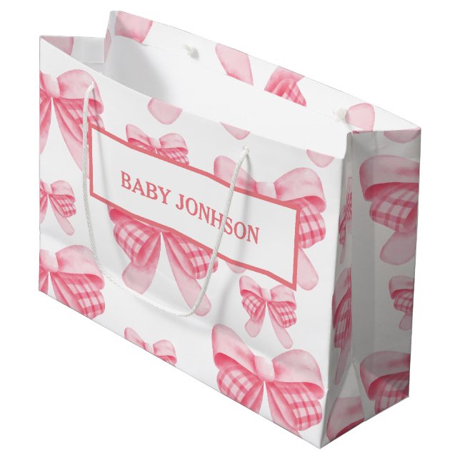 Elegant & Chic Pink Bow Girl Baby Shower Large Gift Bag (Front Angled)