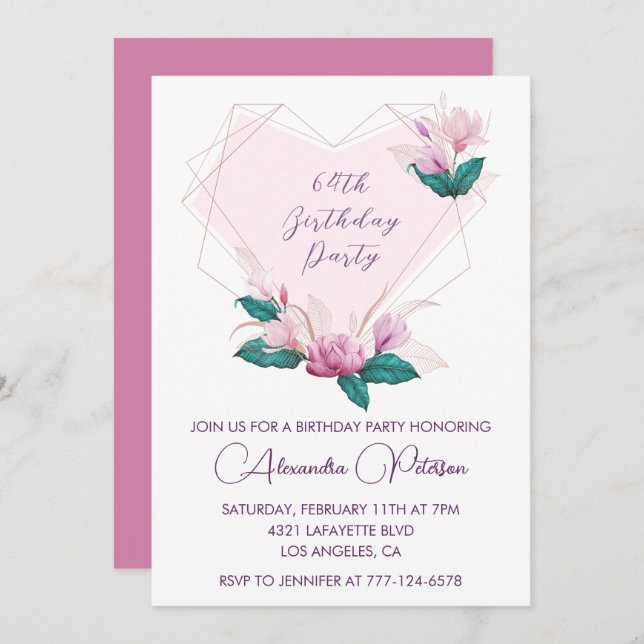Elegant Chic Pink Floral 64th birthday Invitation (Front/Back)