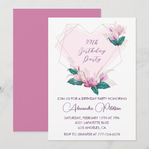 Elegant Chic Pink Floral 99th birthday Invitation 