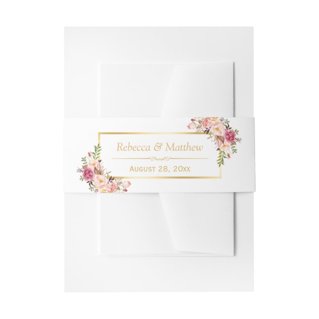 Elegant Chic Pink Floral Gold Frame Wedding Invitation Belly Band (Front Example)