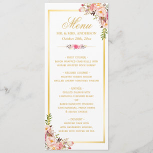Elegant Chic Pink Floral Gold Frame Wedding Menu