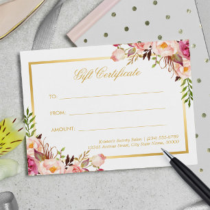 Elegant Chic Pink Floral Gold Gift Certificate Postcard