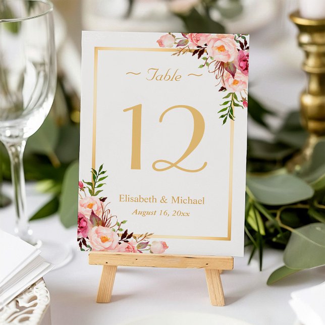 Elegant Chic Pink Floral Gold Wedding Table Number (Creator Uploaded)